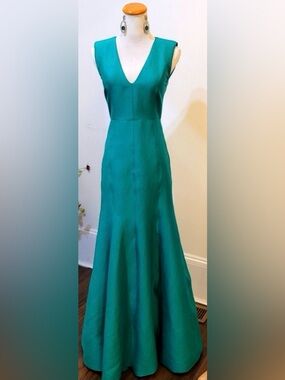Halston Heritage Teal V-Neck Sleeveless Maxi Gown